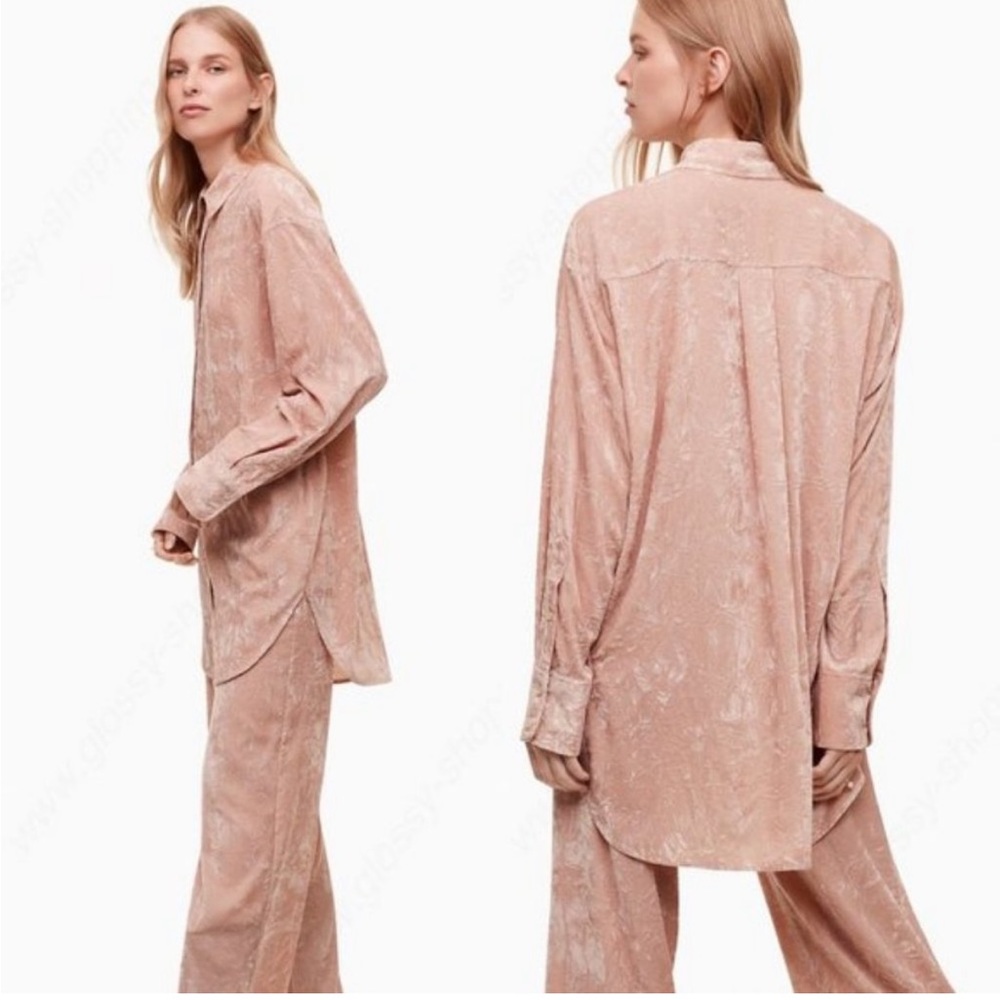 Aritzia Le Fou Wilfred Crushed Velvet Button Blouse Top Tunic Rose Beige  Small